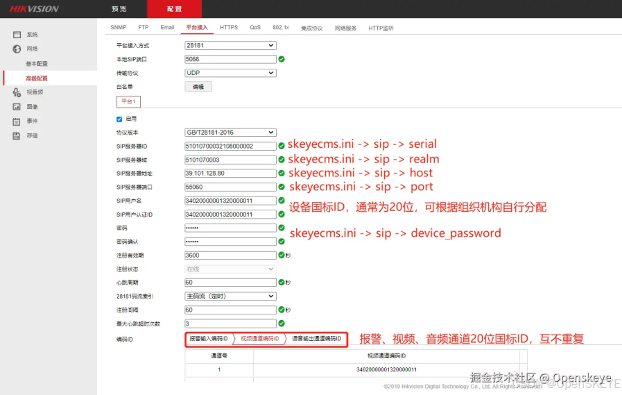 海康威视摄像机GB28181配置界面